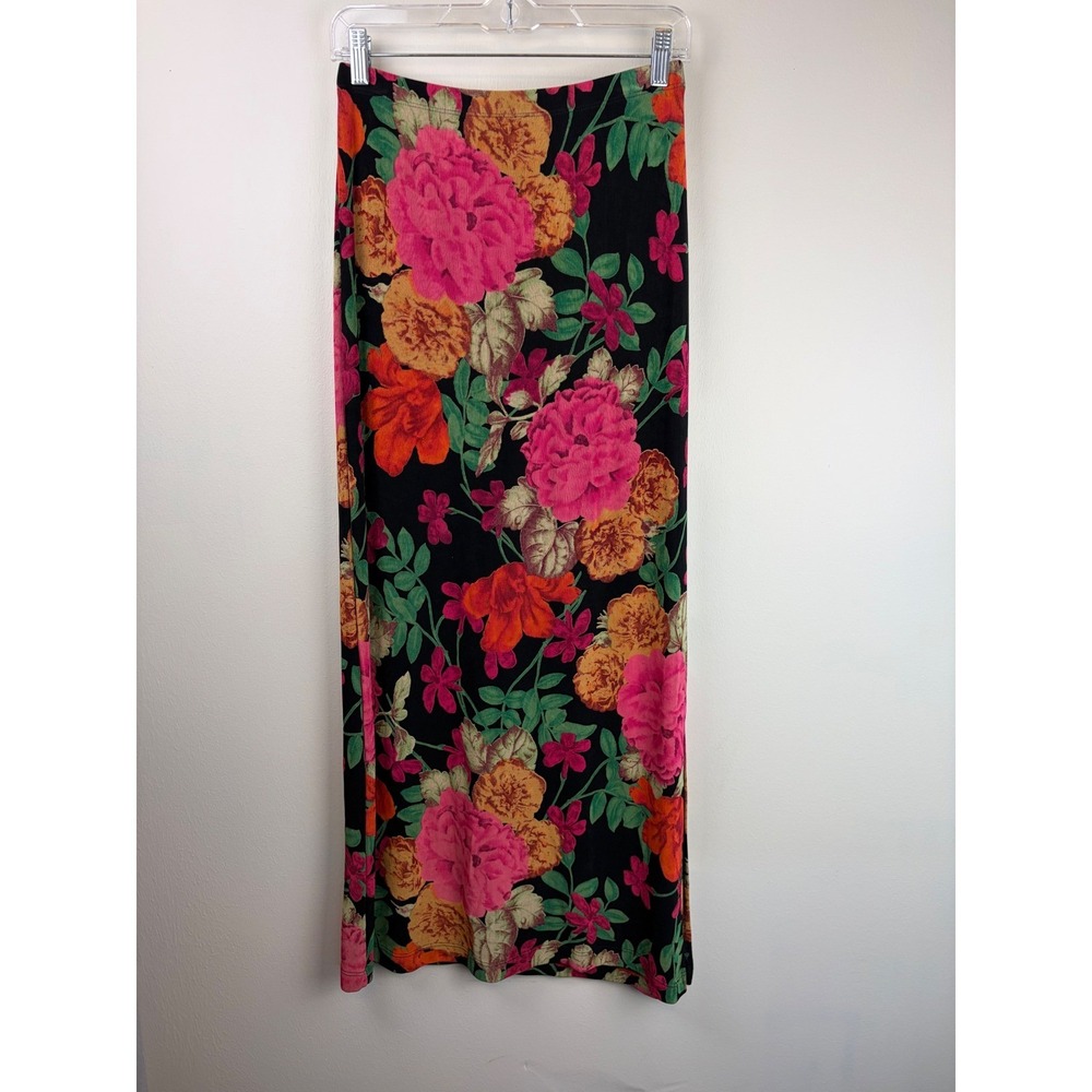 West End Maxi Skirt S Black Floral 90s Slinky Acetate Stretch Long Straight Boho - Picture 2 of 5